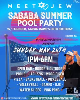 WEST COAST JEWS! 🌊☀️
We are back again with the BIGGEST Jewish party on the West Coast this year at the most magical mansion in all of Southern California! 🔥
😋All you can eat kosher pizza buffet (falafel, salads, chips, dips, fruit, veggies, desserts)
🥂Open bar
🌊2 pools (1 indoor)
💦Jacuzzis
🐒Jungle gym
🏀Basketball court
🏐Volleyball court
🏏Pickleball
🏓Ping pong
🎧Sounds by @jyn_kalazan
🤩And much more!
🗓️Sunday, May 24th. 1-6pm.
📍Long Beach, CA.
👉🏼For ages 21+
And we are celebrating our CEO and Founder, Aaron Raimi’s 30th birthday! 🥳
Don’t miss this incredible party with hundreds of beautiful Jews! 🇮🇱✡️
Special deals for former/current military, message us to get yours! 🇺🇸
LINK IN BIO to get your ticket! ☝🏼
#jewish #meetjew #party #longbeach #judaism