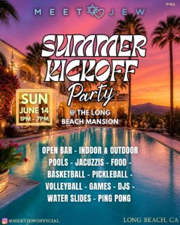 You asked, we answered! We are back for round 2 at the most magical mansion in all of Southern California kicking off summer with a bang! 🔥
 On SUNDAY, May June 14, we are in Long Beach, CA, for a mansion pool party to get you right for Summer 2026! 

😋All you can eat kosher buffet 
🥂Open bar 
🌊2 pools (1 indoor)
💦Jacuzzis
🐒Jungle gym
🏀Basketball court
🏐Volleyball court
🏏Pickleball
🏓Ping pong
🍻Beer die/pong 
🎧Special Guest DJs 
🤩And much more! 

🗓️Sunday, June 14th. 1-7pm. 
📍Long Beach, CA. 
👉🏼For ages 21+ 
 
Get your ticket with the LINK IN BIO! 👆🏼