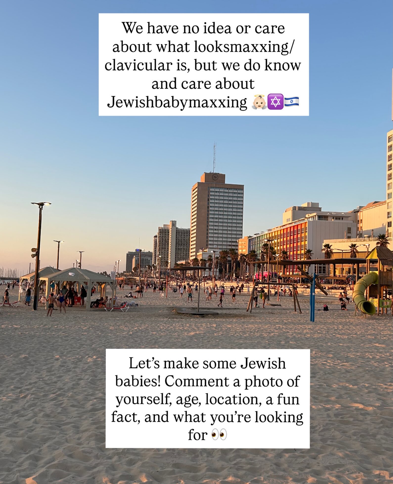 Forget Looksmaxxing, we are Jewishbabymaxxing 👼🏻✡️🇮🇱
Let’s make some Jewish babies! Comment a photo of yourself, age, location, a fun fact, and what you’re looking for 👀