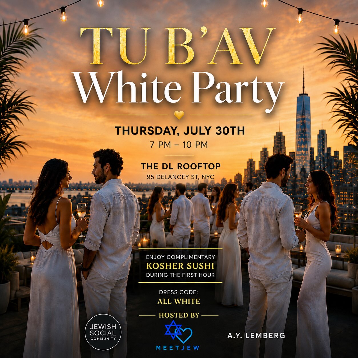 🤍 NYC TU B’AV WHITE PARTY 🤍
Celebrate Tu B’Av—the Jewish Holiday of Love—at an elegant rooftop evening overlooking the Manhattan skyline.
Dress in your best all-white and join hundreds of young Jewish professionals for a night of great conversations, stunning sunset views, and summer vibes.
✨ Enjoy complimentary kosher sushi during the first hour.
📅 Thursday, July 30
🕖 7:00 PM – 10:00 PM
Afters till 12 AM!
📍 The DL Rooftop
95 Delancey St, New York, NY
LINK IN BIO to get your ticket! ☝🏼