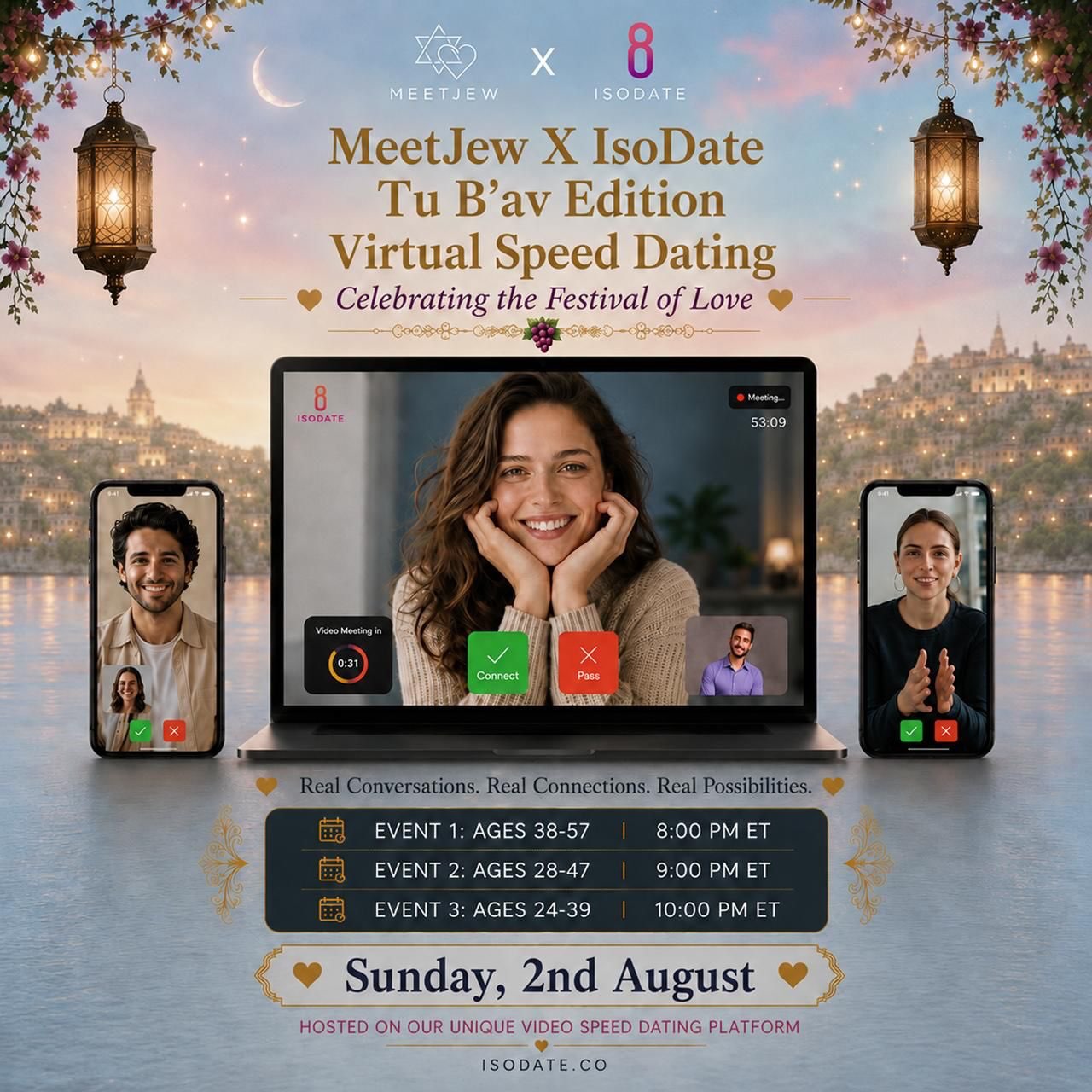 Ditch the dating apps and form a real connection…❤️🔥
MeetJew x IsoDate are finding you your basheret on Tu B Av 🤍
Find your soulmate in less than ONE HOUR with multiple dates lasting 5 minutes. No awkward first date jitters, no expensive dinners, just pure connections..🔥
Sunday, August 2. All religious observance levels welcome. Open to all residents in North America! 🇺🇸🇨🇦🇲🇽
Ages 38-57: 8pm EST
Ages 29-47: 9pm EST
Ages: 24-39: 10pm EST
Save your spot here with the LINK IN OUR BIO! 👆🏼