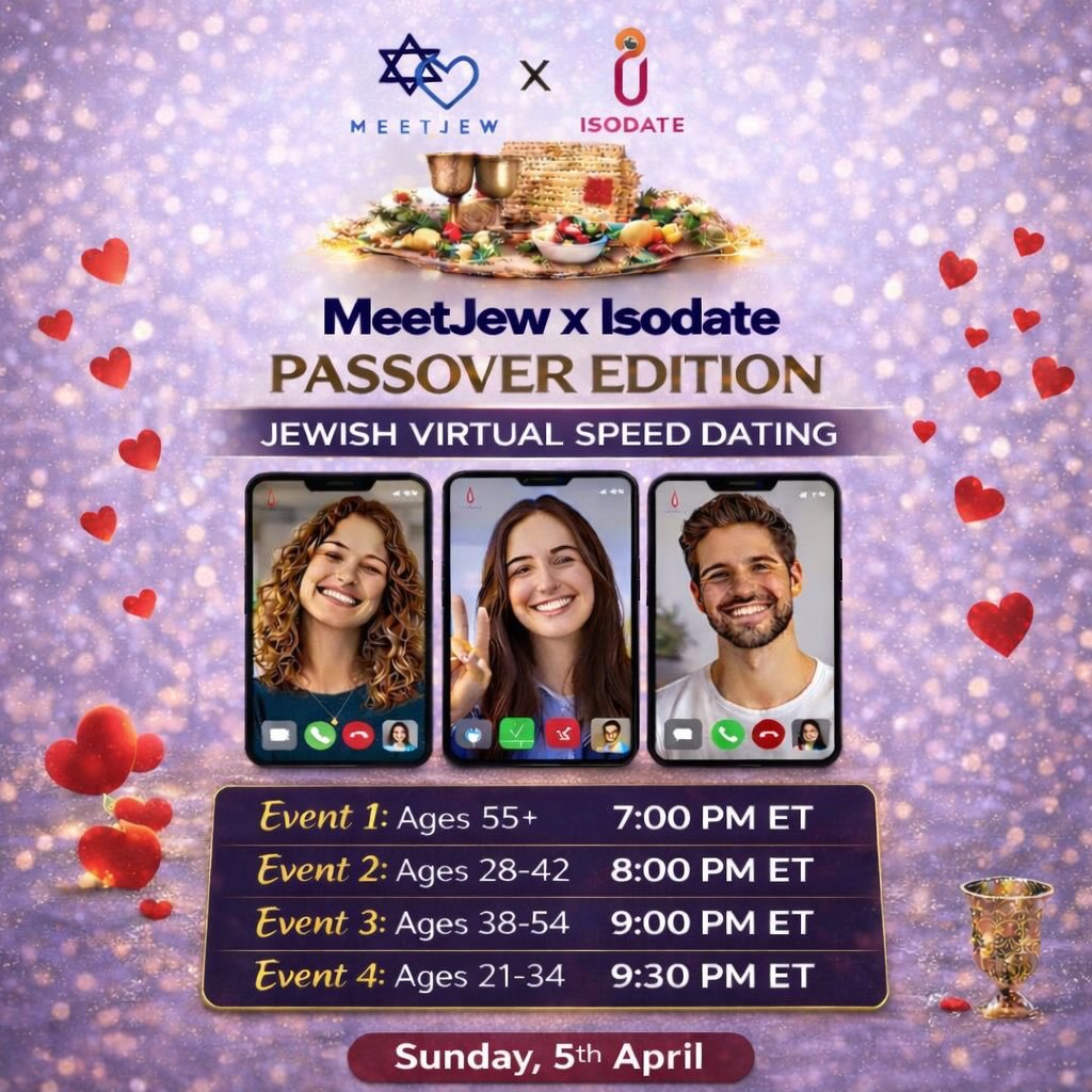 Ditch the dating apps and form a real connection…❤️‍🔥

MeetJew x IsoDate are making dating great again..😏

Find that special someone in this virtual speed dating extravaganza right for Passover! 🍷

Sunday, April 5. All religious observance levels welcome. Open to all residents in North America! 🇺🇸🇨🇦🇲🇽

Ages 55+: 7pm EST
Ages 28-42: 8pm EST
Ages: 38-54 9pm EST
Ages 21-34 9:30pm EST 

Find your special someone with the LINK IN BIO! ☝🏼