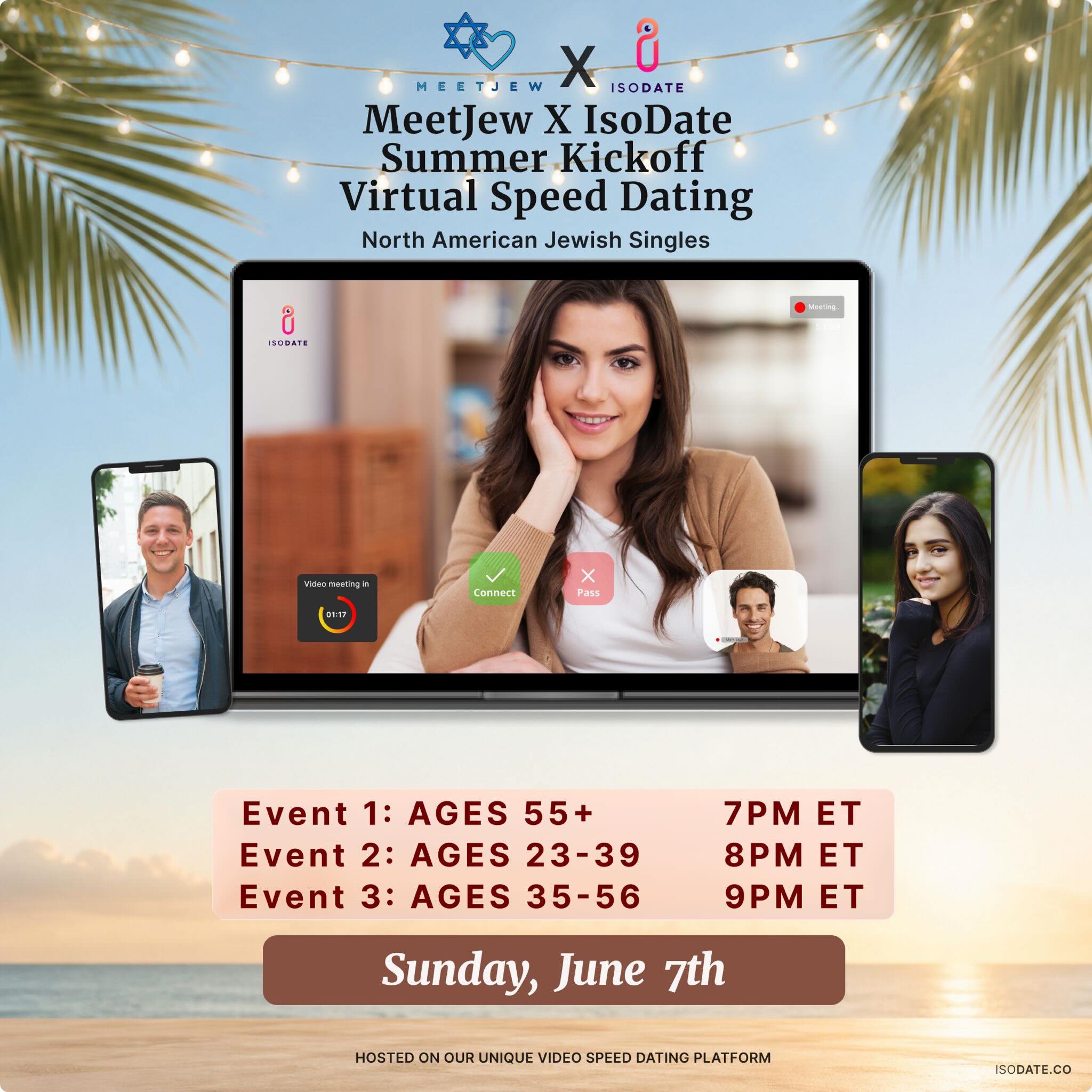 Ditch the dating apps and form a real connection…❤️‍🔥

MeetJew x IsoDate are finding you your forever summer fling....😏

Find your summer soulmate in less than ONE HOUR with multiple dates lasting 5 minutes. No awkward first date jitters, no expensive dinners, just pure connections..🔥

Sunday, June 7. All religious observance levels welcome. Open to all residents in North America! 🇺🇸🇨🇦🇲🇽

Ages 55+: 7pm EST
Ages 23-39 8pm EST
Ages: 35-56 9pm EST

Find your summer soulmate with the LINK IN BIO! ☝🏼